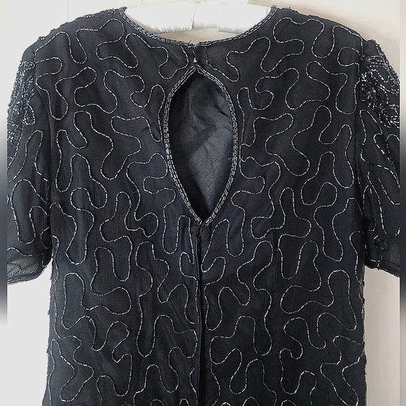 Vintage Allyson Whitmore Large Black Midi Dress 100% Silk Beaded Formal - Picture 9 of 14